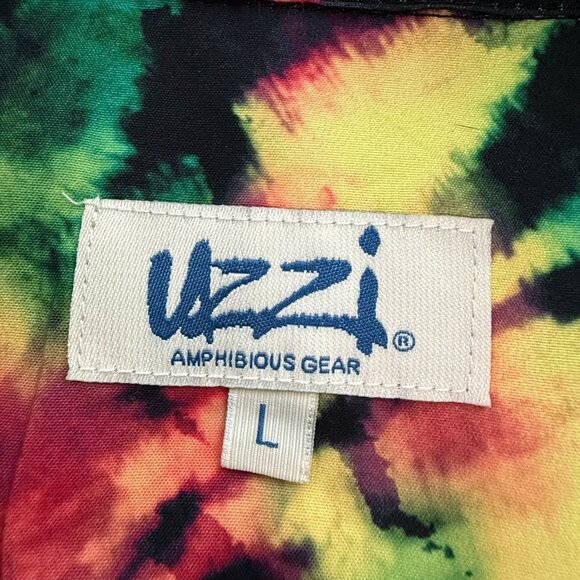 Uzzi Shirt Mens L Red Black Abstract‎ Hawaiian Tie-Dye Button Up Short Sleeves - Picture 2 of 8